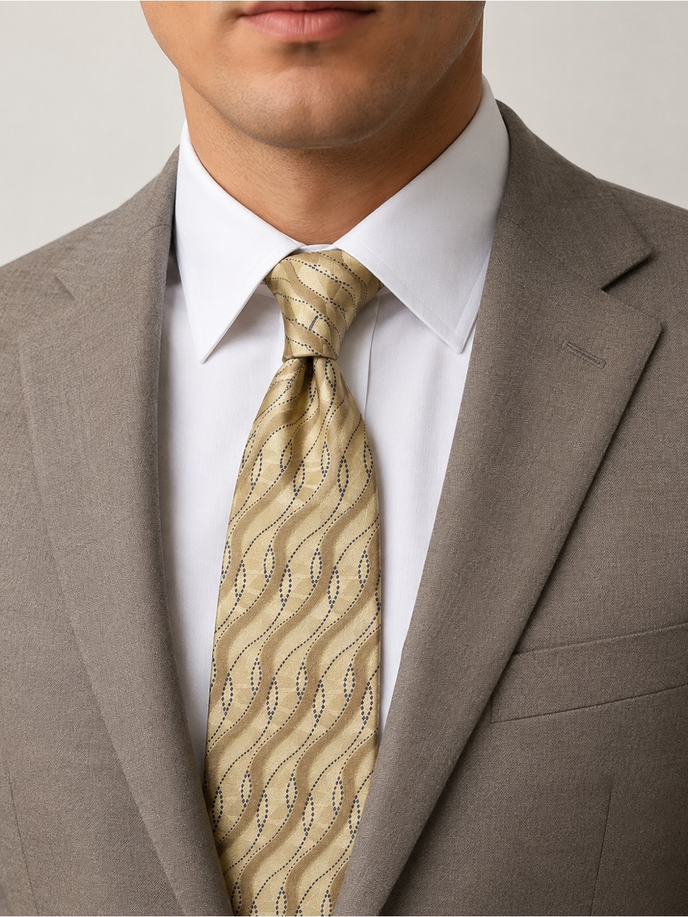 Men's Cream Wave-Pattern Tie - Subtle Metallic Accent